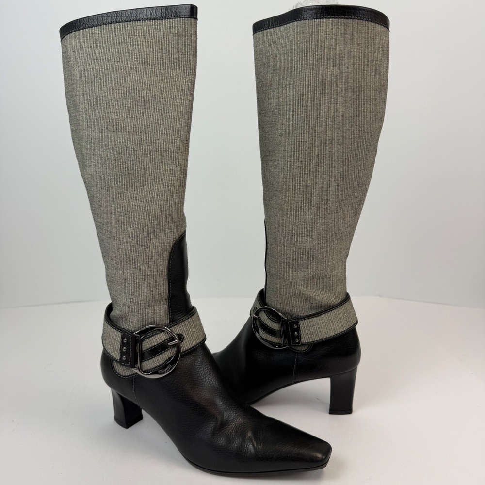 Salvatore Ferragamo Dickson Black Leather Grey Fabric Tall Boots Square Toe 7.5B